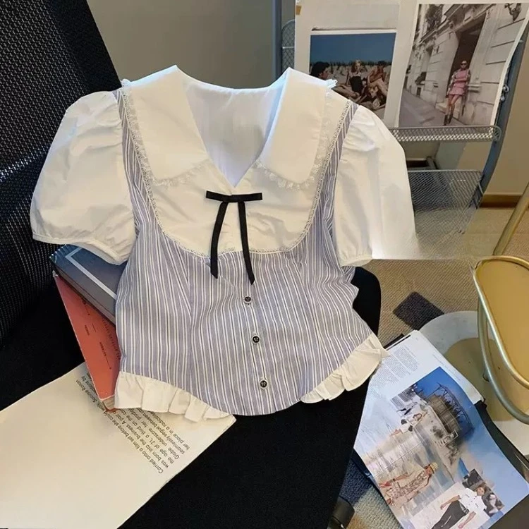 Elegant Sweet Short Sleeve Blusas Mujer Striped Patchwork Bow Lapel Neck Blouses 2025 Summer New White Shirts Women
Elegant Sweet Short Sleeve Blusas Mujer Striped Patchwork Bow Lapel Neck Blouses 2025 Summer New White Shirts Women
