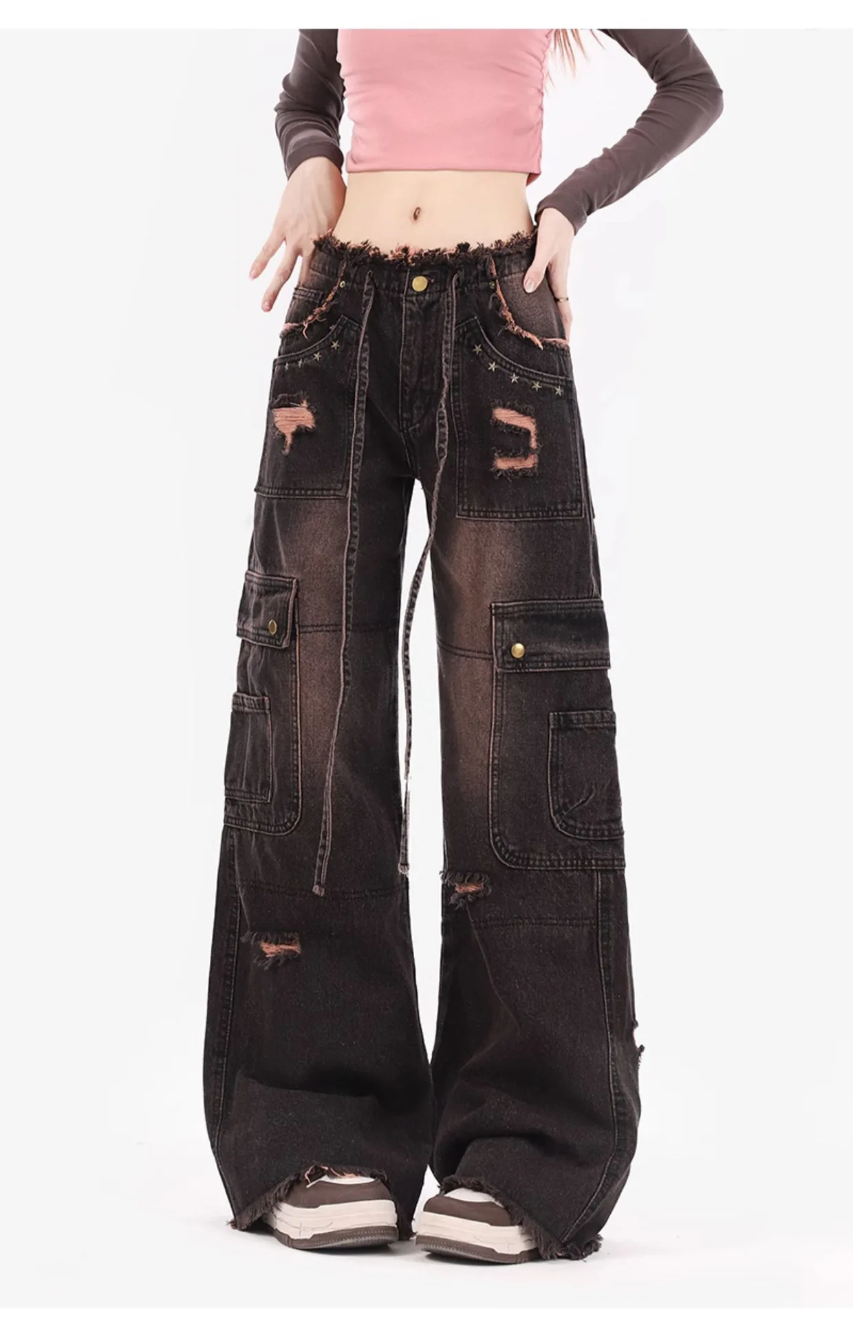 Джинсы с отверстиями, джинсы с несколькими карманами и средней талией, потертые джинсы, широкие брюки, женские уличные брюки, винтажные брюки длиной до пола 
Джинсы с отверстиями, джинсы с несколькими карманами и средней талией, потертые джинсы, широкие брюки, женские уличные брюки, винтажные брюки длиной до пола