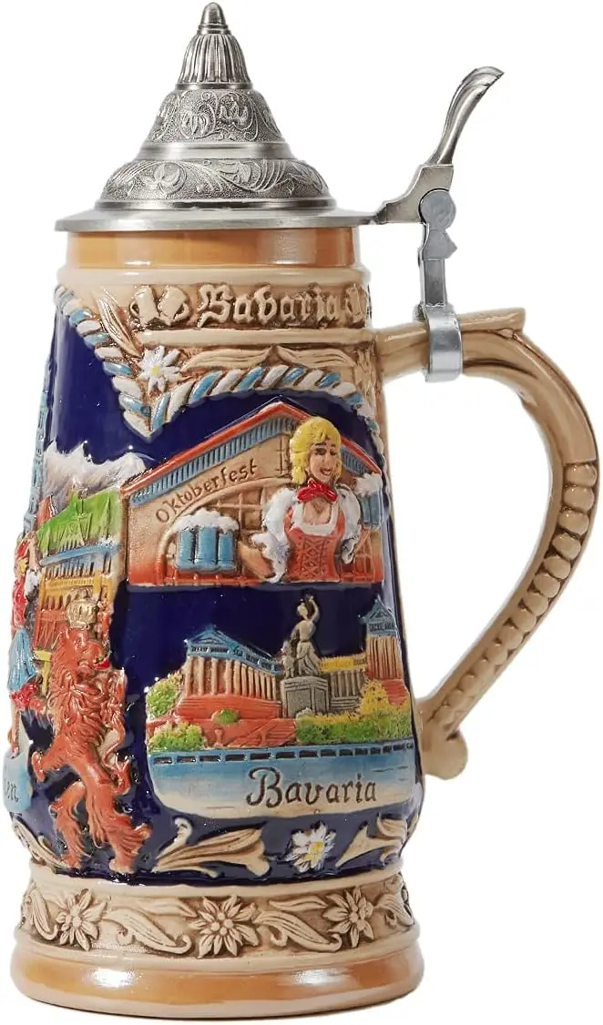 German Beer Stein Mug with Pewter Lid, Bavarian Design, 1.0L Capacity for Gifts and Decor
German Beer Stein Mug with Pewter Lid, Bavarian Design, 1.0L Capacity for Gifts and Decor