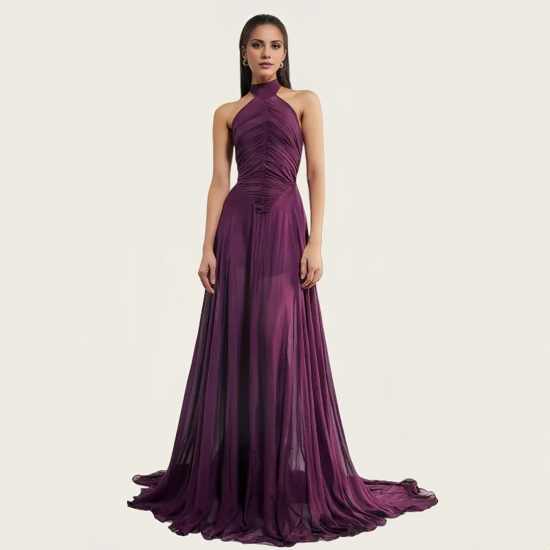 Deep Purple Halter Chiffon Formal Gown Ruched Waist High Slit Sweep Train Dress For Prom Wedding Evening Dresses Elegant Party
Deep Purple Halter Chiffon Formal Gown Ruched Waist High Slit Sweep Train Dress For Prom Wedding Evening Dresses Elegant Party