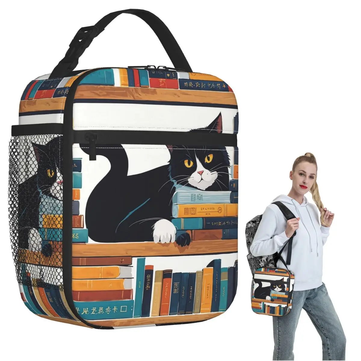 Cute Tuxedo Cat And Bookstore Insulated Lunch Bag for Women Children Leakproof Food Boxes Thermal Lunch Box Tote
Cute Tuxedo Cat And Bookstore Insulated Lunch Bag for Women Children Leakproof Food Boxes Thermal Lunch Box Tote