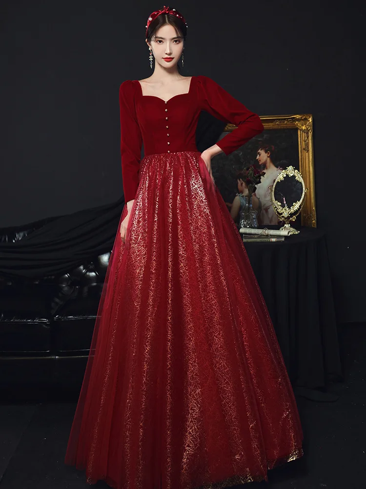 Wedding Party Bridal Temperament Wine Red Evening Dress Autumn Winter Long Sleeve Corduroy Lace Fluffy Length New Style Dresses
Wedding Party Bridal Temperament Wine Red Evening Dress Autumn Winter Long Sleeve Corduroy Lace Fluffy Length New Style Dresses