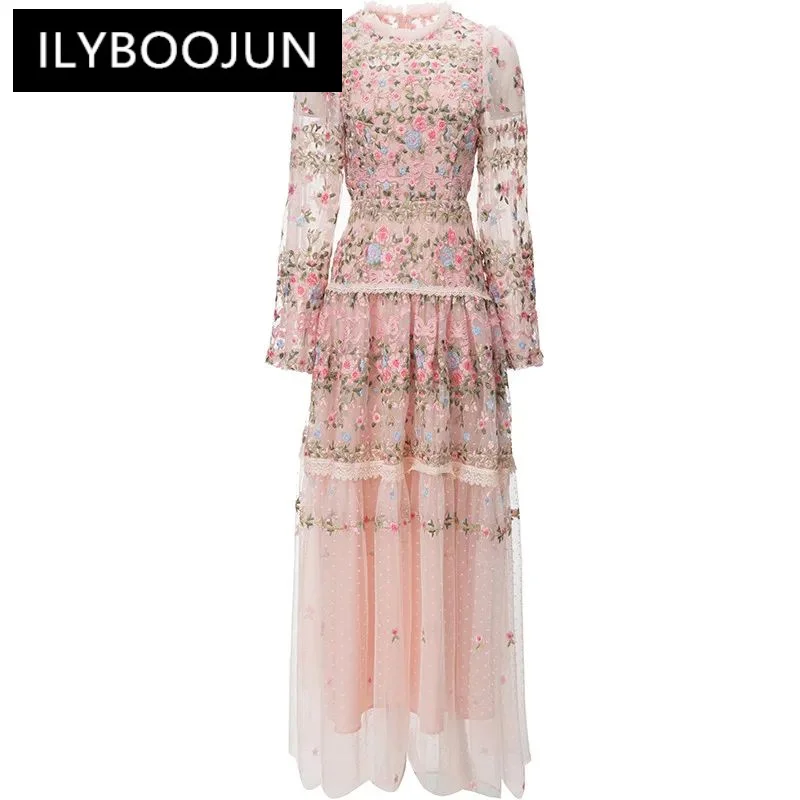New 2023 Vintage Fashion Designer Dress Women's Mesh Embroidered Translucent Lantern Sleeve Slim Pink Maxi Long Dress
New 2023 Vintage Fashion Designer Dress Women's Mesh Embroidered Translucent Lantern Sleeve Slim Pink Maxi Long Dress