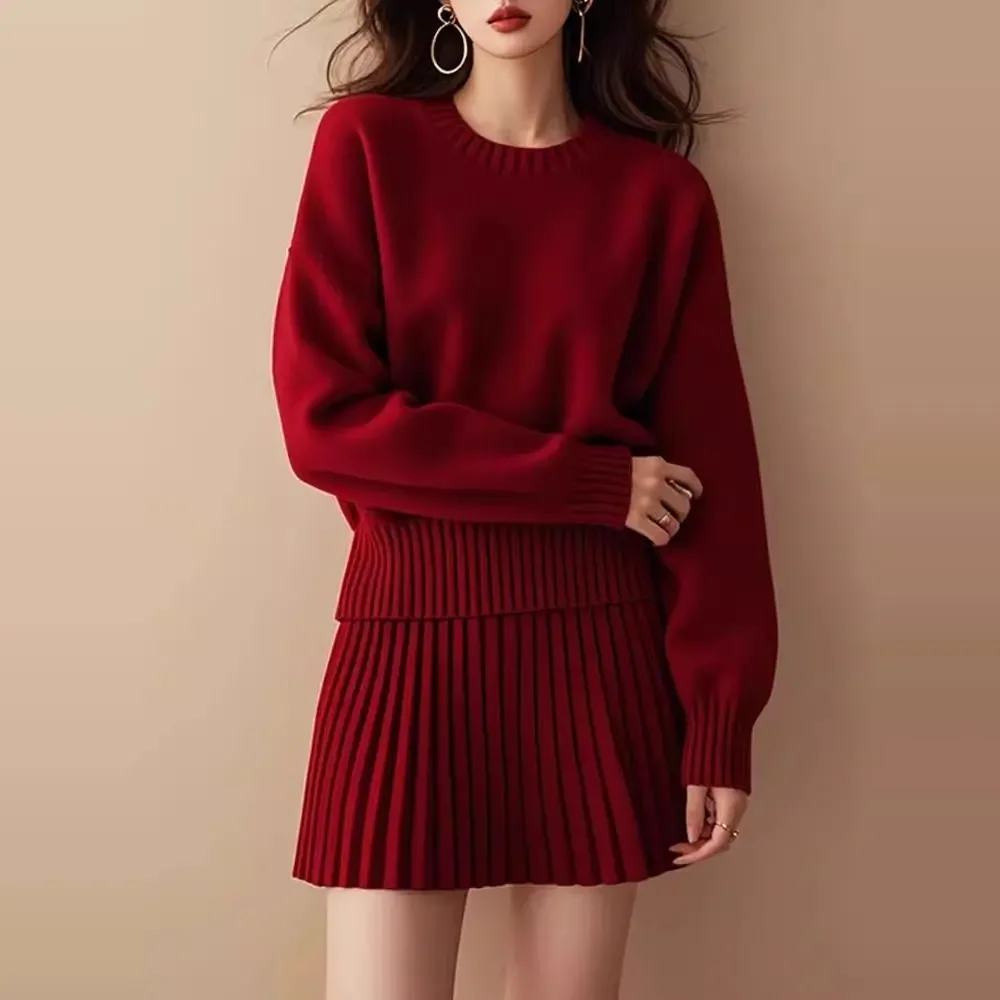 Женский весенне-осенний красный свитер Lucky, мини-плиссированные юбки, комплект из двух предметов, женские повседневные повседневные вязаные топы с круглым вырезом «Джокер», юбка, наряды
Женский весенне-осенний красный свитер Lucky, мини-плиссированные юбки, комплект из двух предметов, женские повседневные повседневные вязаные топы с круглым вырезом «Джокер», юбка, наряды