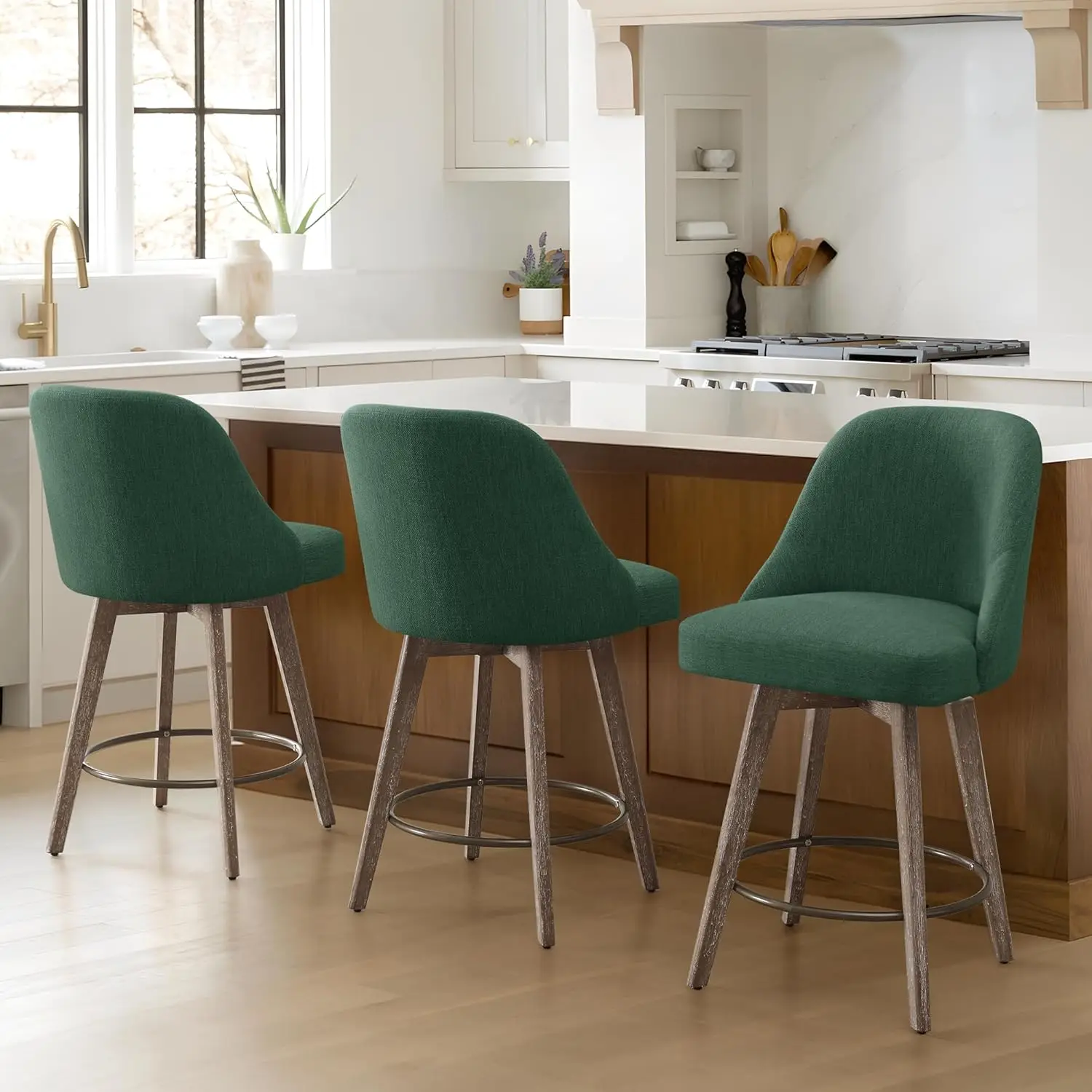 Swivel Counter Height Bar Stools Set 3 Upholstered Back Thick Seat Wood Legs 26in Kitchen Island, Customized
Swivel Counter Height Bar Stools Set 3 Upholstered Back Thick Seat Wood Legs 26in Kitchen Island, Customized