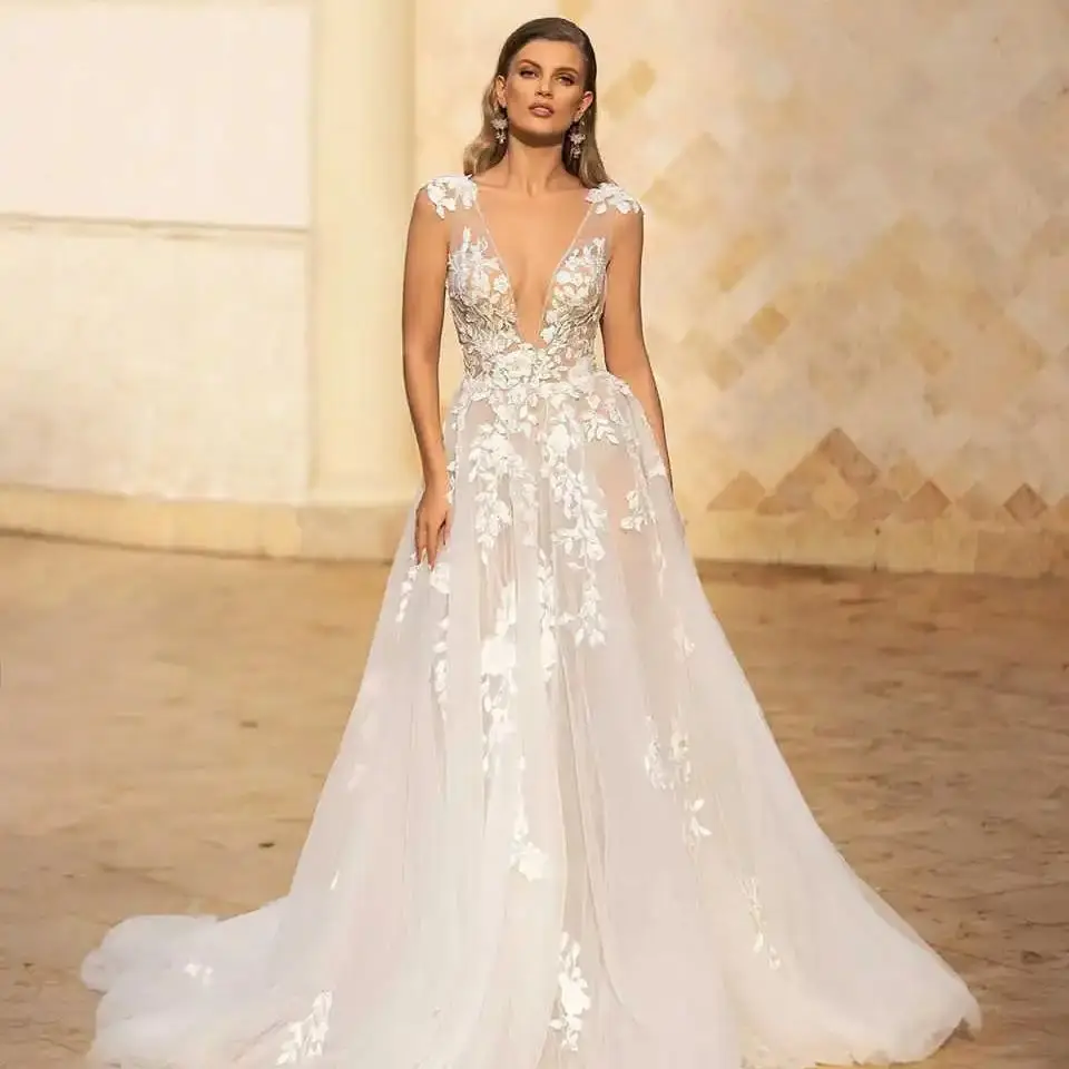 Elegant A Line Wedding Dresses for Bride Woman Appliques Lace V-Neck Sleeveless Backless Bridal Gown Vestido De Noiva Customized
Elegant A Line Wedding Dresses for Bride Woman Appliques Lace V-Neck Sleeveless Backless Bridal Gown Vestido De Noiva Customized