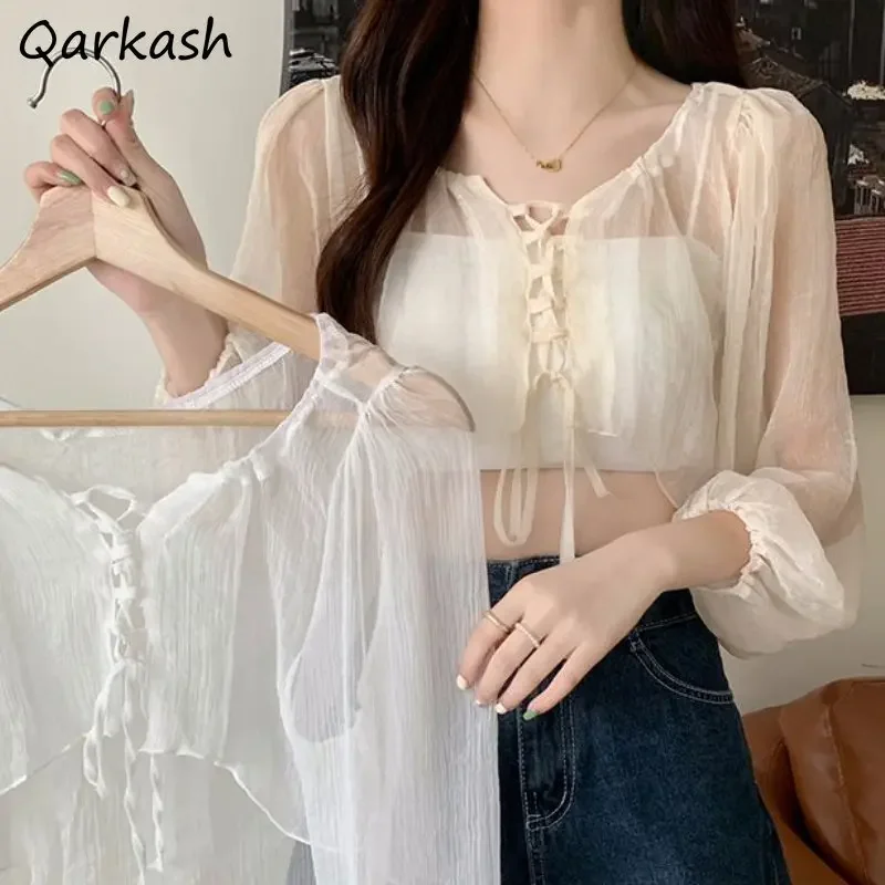 Sun-proof Jackets Women Sheer Fashion Lace-up Gentle Pure Thin Lantern Sleeve French Style Crop Casual Simple Temper All-match
Sun-proof Jackets Women Sheer Fashion Lace-up Gentle Pure Thin Lantern Sleeve French Style Crop Casual Simple Temper All-match