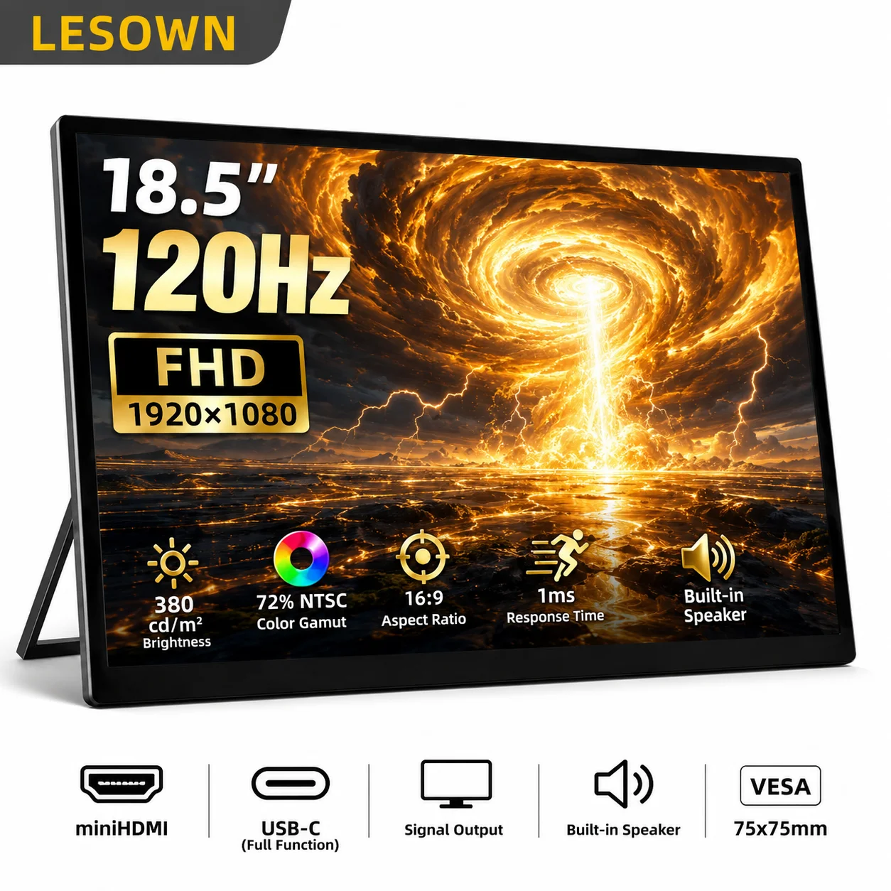 LESOWN 18.5" FHD Travel Screen 120Hz Fast Refresh Mobile Monitor Driver-free Extended Display with Stand for PS5
