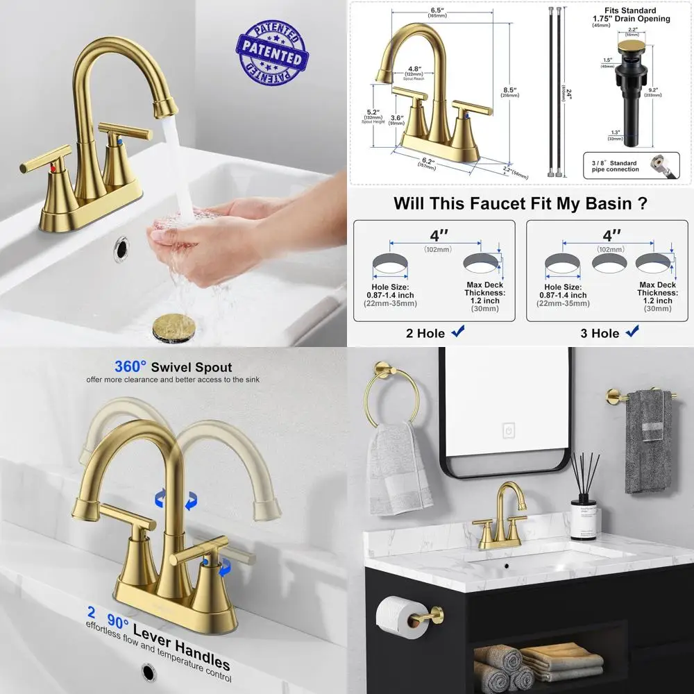 2-Pack 4 Brushed Gold 3-Hole Sink Faucet with Pop-Up Drain & Lead-Free Hoses for Vanity & RV
2-Pack 4 Brushed Gold 3-Hole Sink Faucet with Pop-Up Drain & Lead-Free Hoses for Vanity & RV