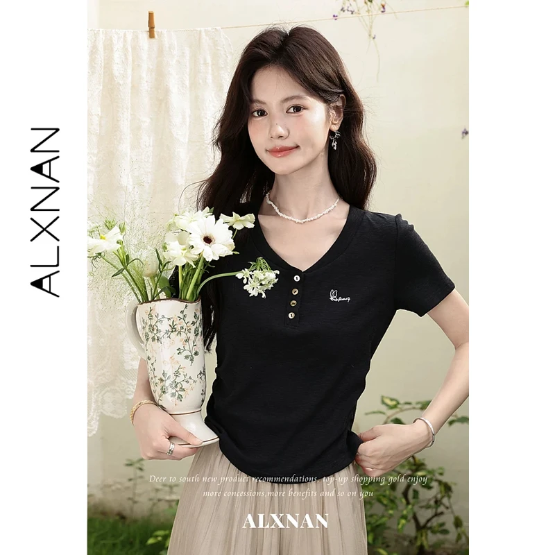 ALXNAN Black V-neck T-shirt Butterfly Embroidery Elegant Casual Summer Women's T-shirts Slim-fit Short Sleeve Tops Ladies L65603
ALXNAN Black V-neck T-shirt Butterfly Embroidery Elegant Casual Summer Women's T-shirts Slim-fit Short Sleeve Tops Ladies L65603