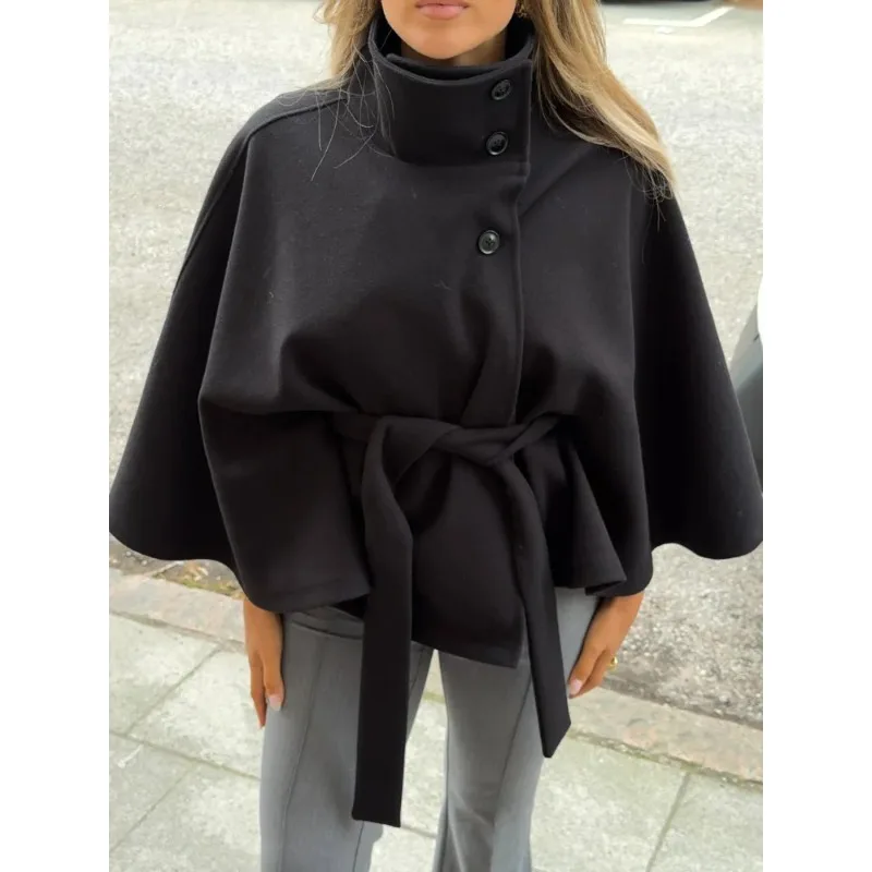 Women's elegant wool cape stand collar belt tie single breasted long sleeved jacket
Women's elegant wool cape stand collar belt tie single breasted long sleeved jacket