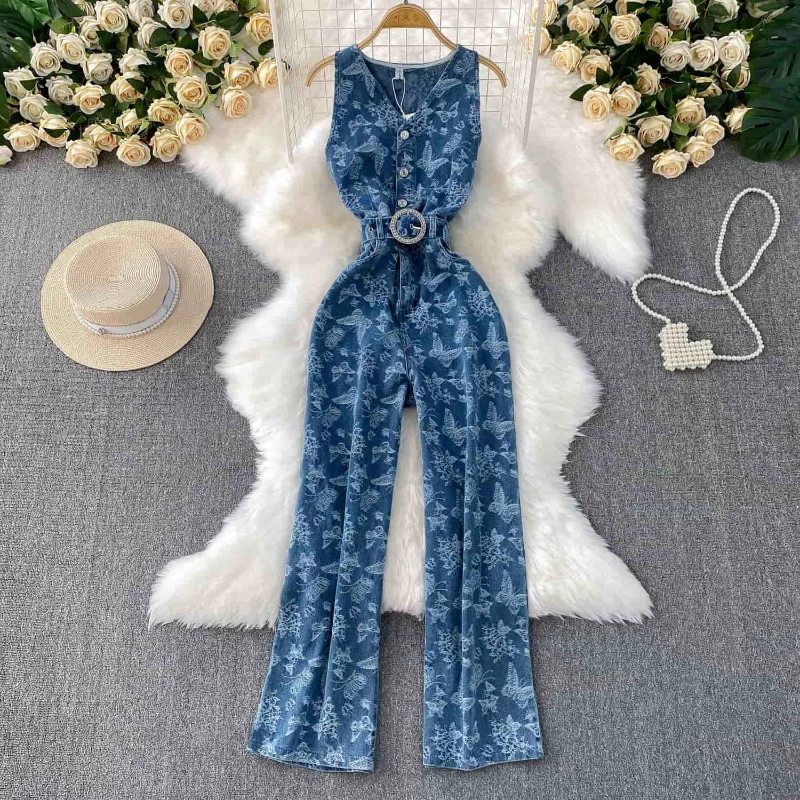 Women Sleeveless Single Breasted Beading Sashes Streewear Butterfly Print Long Rompers Fashion Vintage Denim Jumpsuit
Women Sleeveless Single Breasted Beading Sashes Streewear Butterfly Print Long Rompers Fashion Vintage Denim Jumpsuit