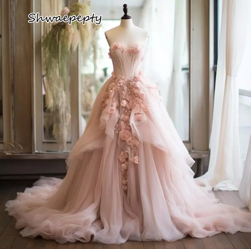 Pink Tulle Princess Wedding Dress with 3D Flower Sweetheart Court Train A-Line Romantic Bridal Gown Customized
Pink Tulle Princess Wedding Dress with 3D Flower Sweetheart Court Train A-Line Romantic Bridal Gown Customized