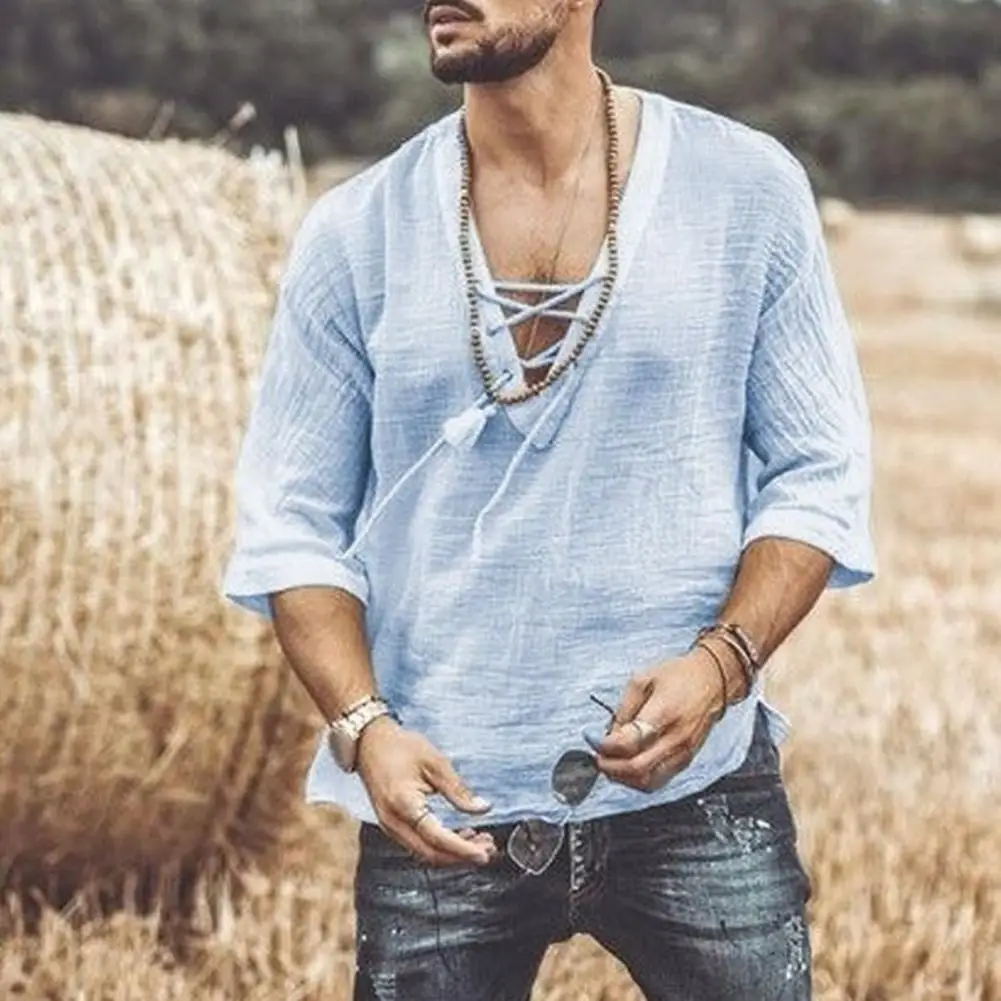 Men V-neck Shirt Retro-inspired Men's V Neck Pullover Loose Fit Quick Dry Mid Sleeves For Wear Summer Style Solid Color Men Top
Men V-neck Shirt Retro-inspired Men's V Neck Pullover Loose Fit Quick Dry Mid Sleeves For Wear Summer Style Solid Color Men Top