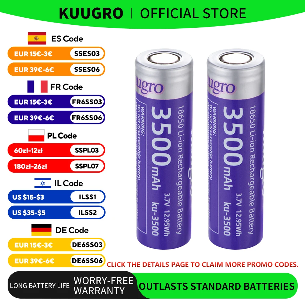 Kuugro ku-3500 18650 Battery 3500mAh 3.7V 12A Discharging Rechargeable Batteries For Battery Packs Power Tool Flashlight Fan
Kuugro ku-3500 18650 Battery 3500mAh 3.7V 12A Discharging Rechargeable Batteries For Battery Packs Power Tool Flashlight Fan