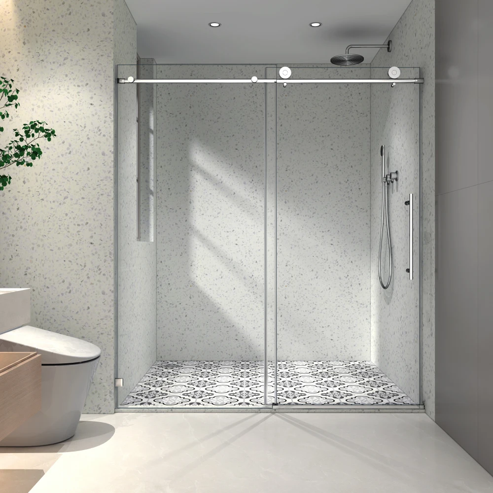 6076 Chrome frameless one fixed and one shifted Shower Door, 70MM 304 stainless steel large pulleys with adjustable soft
6076 Chrome frameless one fixed and one shifted Shower Door, 70MM 304 stainless steel large pulleys with adjustable soft