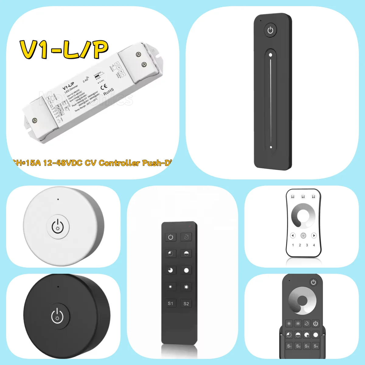 V1-L/P R1/11 LED Dimmer 12-48V 1 Zone Single Color LED Strip Dimming Kit Wireless Wifi 2.4G RF Remote Control Push Switch Dimmer
V1-L/P R1/11 LED Dimmer 12-48V 1 Zone Single Color LED Strip Dimming Kit Wireless Wifi 2.4G RF Remote Control Push Switch Dimmer