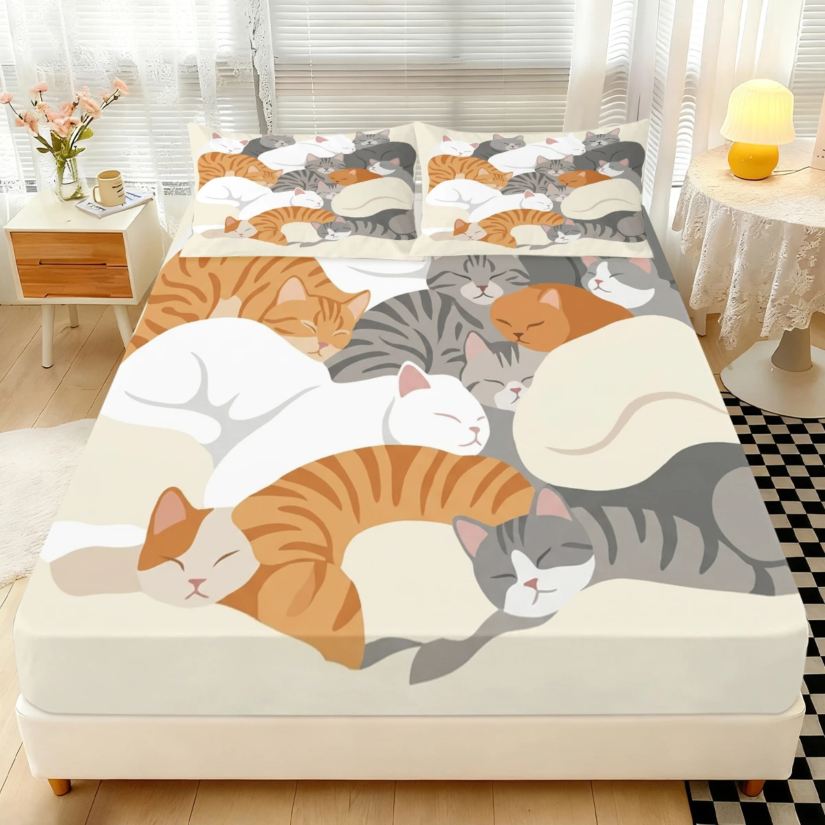 Cute Piled Sleeping Kitten Fitted Sheet 3PCS, Light Cream Background Multi Cat Pattern Elastic Mattress Cover with Pillowcases
Cute Piled Sleeping Kitten Fitted Sheet 3PCS, Light Cream Background Multi Cat Pattern Elastic Mattress Cover with Pillowcases