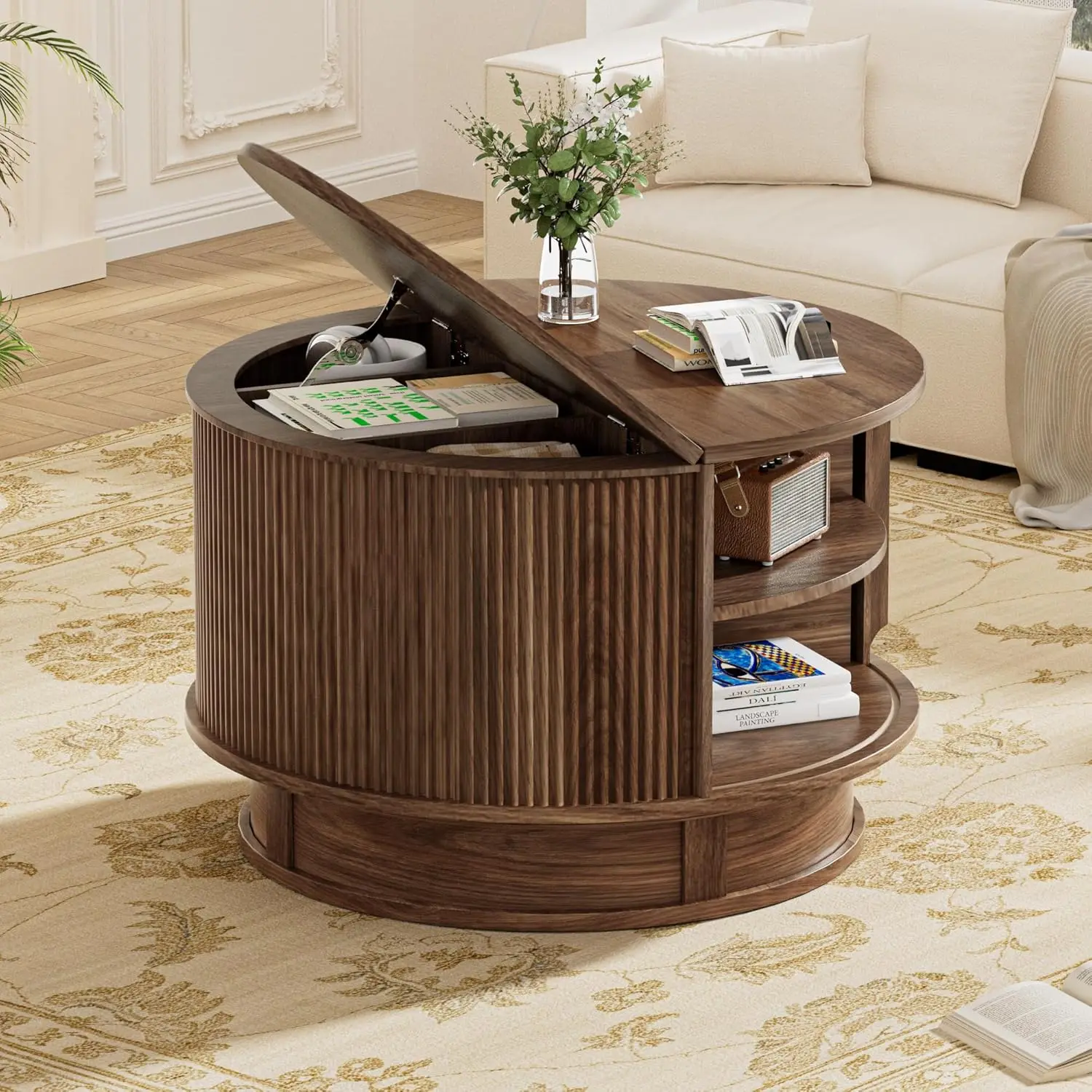 31.5" Fluted Coffee Table Hidden Storage Flip Top Rotating Base Living Room Walnut, Customized
31.5" Fluted Coffee Table Hidden Storage Flip Top Rotating Base Living Room Walnut, Customized