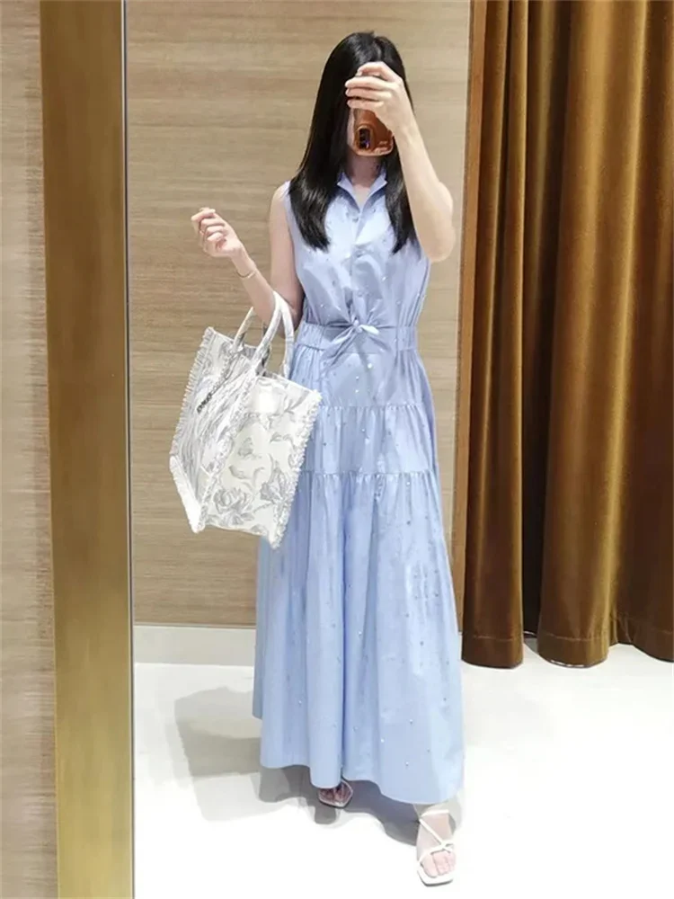 Women Blue Long Dress Rhinestone Elastic Waist Sleeveless Turn-down Collar Elegant Summer 2024 Robe
Women Blue Long Dress Rhinestone Elastic Waist Sleeveless Turn-down Collar Elegant Summer 2024 Robe