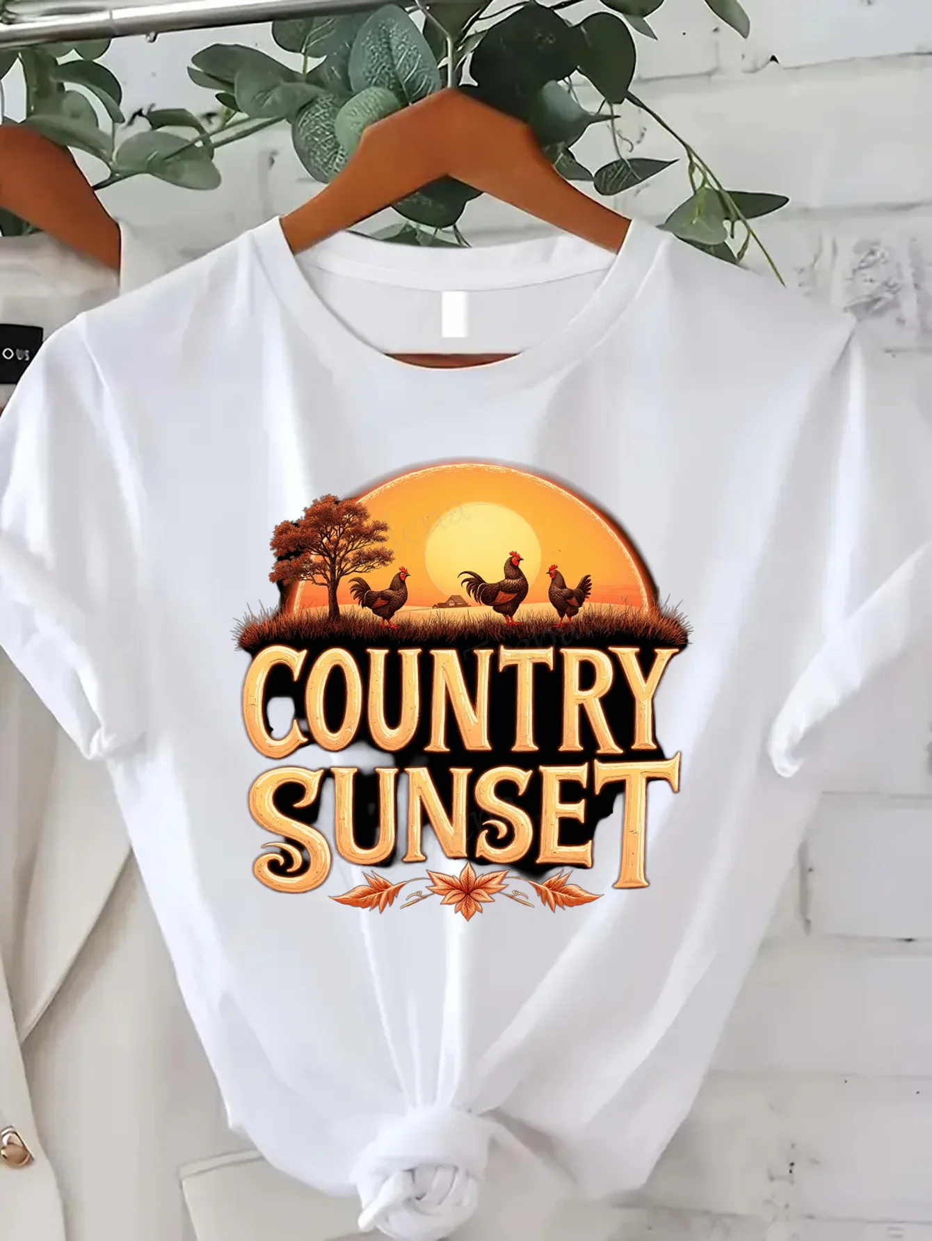 Comfortable Women's Print T-shirt Country Sunset Roosters T-Shirt - Rustic Farm Scene Graphic Tee
Comfortable Women's Print T-shirt Country Sunset Roosters T-Shirt - Rustic Farm Scene Graphic Tee