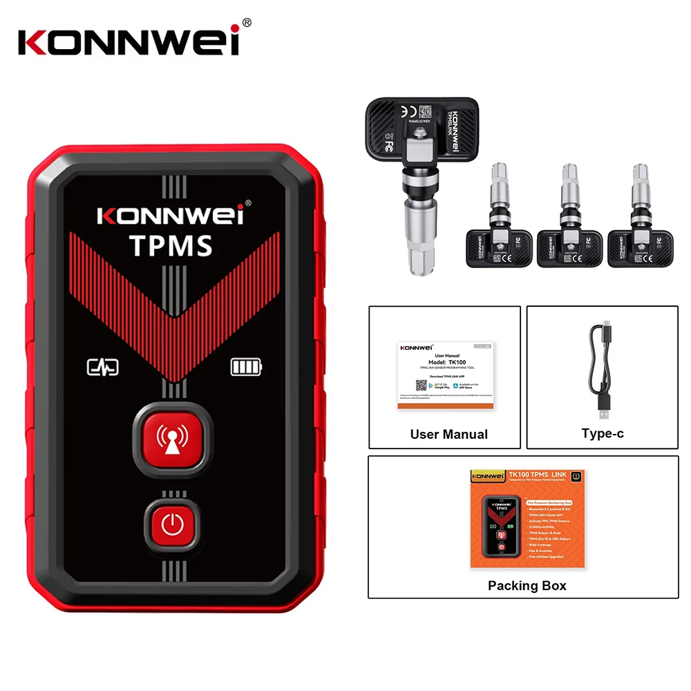 Диагностический инструмент для контроля давления в шинах KONNWEI TK100 TPMS, программируемые датчики TPMS 315/433 МГц, инструмент для перепрограммирования через OBD для iPhone и Android.
Диагностический инструмент для контроля давления в шинах KONNWEI TK100 TPMS, программируемые датчики TPMS 315/433 МГц, инструмент для перепрограммирования через OBD для iPhone и Android.