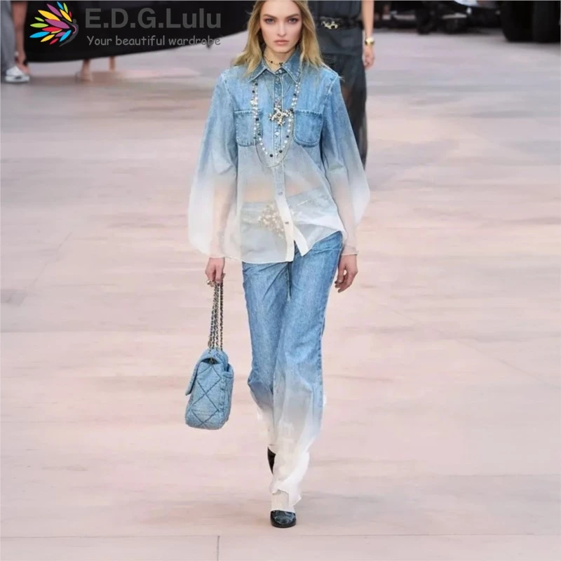EDGLuLu 2025 New Fashion Casual Turn-Down Collar Gradient Denim Shirt Top +High Waist Flared Pants Set Two Piece Outfit 0614
EDGLuLu 2025 New Fashion Casual Turn-Down Collar Gradient Denim Shirt Top +High Waist Flared Pants Set Two Piece Outfit 0614