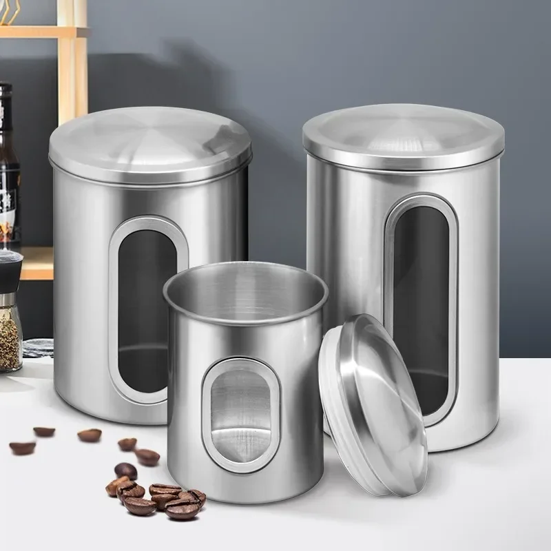 Storage tank set of three high quality stainless steel wire drawing transparent window sealed tank home convenient storage tank.
Storage tank set of three high quality stainless steel wire drawing transparent window sealed tank home convenient storage tank.