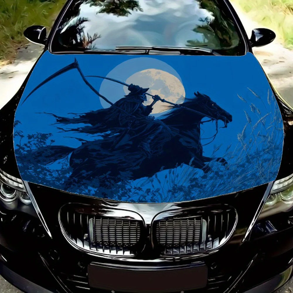 Наклейка на капот автомобиля Grim Reaper on Horseback Under a Full Moon — прочная виниловая пленка, устойчивая к брызгам и легко снимается, подходит для 
Наклейка на капот автомобиля Grim Reaper on Horseback Under a Full Moon — прочная виниловая пленка, устойчивая к брызгам и легко снимается, подходит для