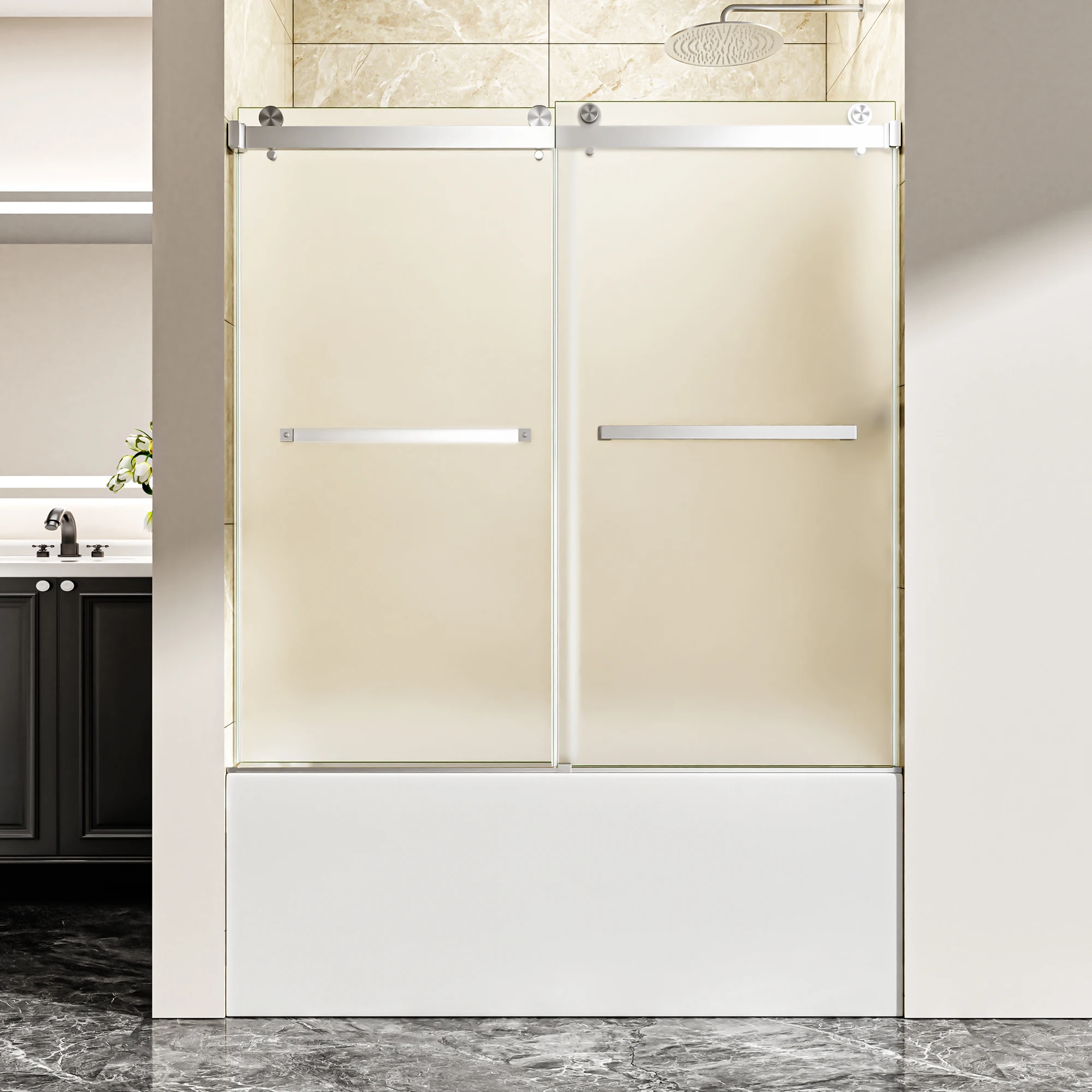 Adjustable 60"W×60"H Frameless Frosted Glass Bypass Tub Shower Enclosure,304 Brushed Stainless Top Track,Reversible Left-Right Installation & ANSI Certified Explosion-Proof Glass
Adjustable 60"W×60"H Frameless Frosted Glass Bypass Tub Shower Enclosure,304 Brushed Stainless Top Track,Reversible Left-Right Installation & ANSI Certified Explosion-Proof Glass