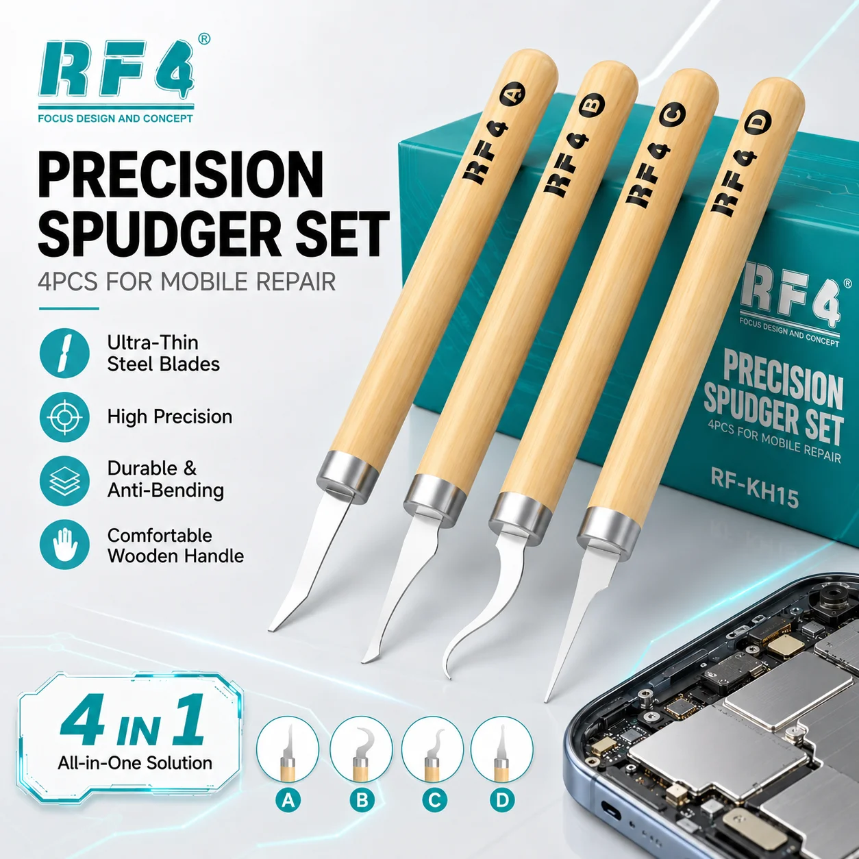 RF4 KH15 Multipurpose IC Chip Repair Thin Blade Tool, 4PCS CPU Edge Removal Spudger Set for Mobile Phone Motherboard
RF4 KH15 Multipurpose IC Chip Repair Thin Blade Tool, 4PCS CPU Edge Removal Spudger Set for Mobile Phone Motherboard