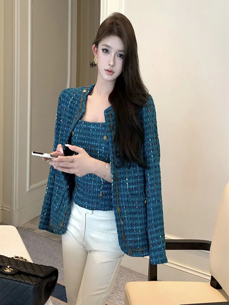 Spring Autumn French Slim Woven Tweed Coat And straps Top Two Piece Sets Peacock Blue Short Coat For Women
Spring Autumn French Slim Woven Tweed Coat And straps Top Two Piece Sets Peacock Blue Short Coat For Women