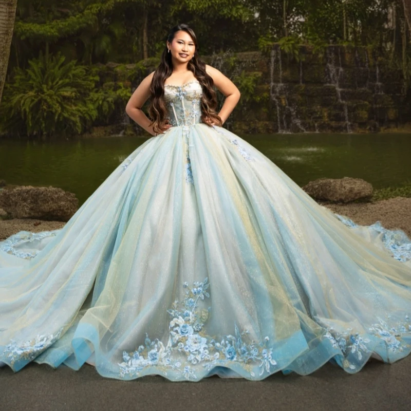 Light Blue Shiny Ball Gown Quinceanera Dresses Applique Lace Beading Crystal Bow Tull Corset Off Shoulder Sweet 16 Dress Vestido
Light Blue Shiny Ball Gown Quinceanera Dresses Applique Lace Beading Crystal Bow Tull Corset Off Shoulder Sweet 16 Dress Vestido