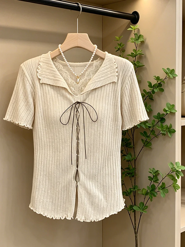 plus Size Summer New Women's T-shirt V-neck Knitted Lace Splice Short Sleeve Belted Casual Top for Pear Shaped Girls
plus Size Summer New Women's T-shirt V-neck Knitted Lace Splice Short Sleeve Belted Casual Top for Pear Shaped Girls