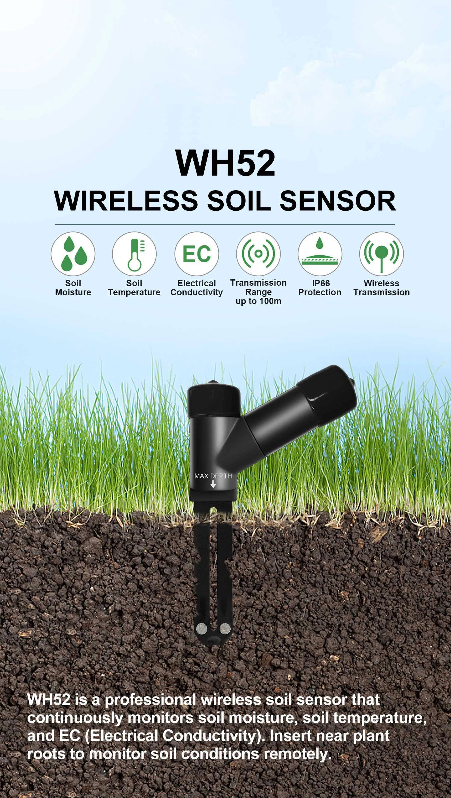 Misol WH52 soil sensor 433Mhz, soil moisture, soil temperature, soil EC, Soil Electrical Conductivity sensor
Misol WH52 soil sensor 433Mhz, soil moisture, soil temperature, soil EC, Soil Electrical Conductivity sensor