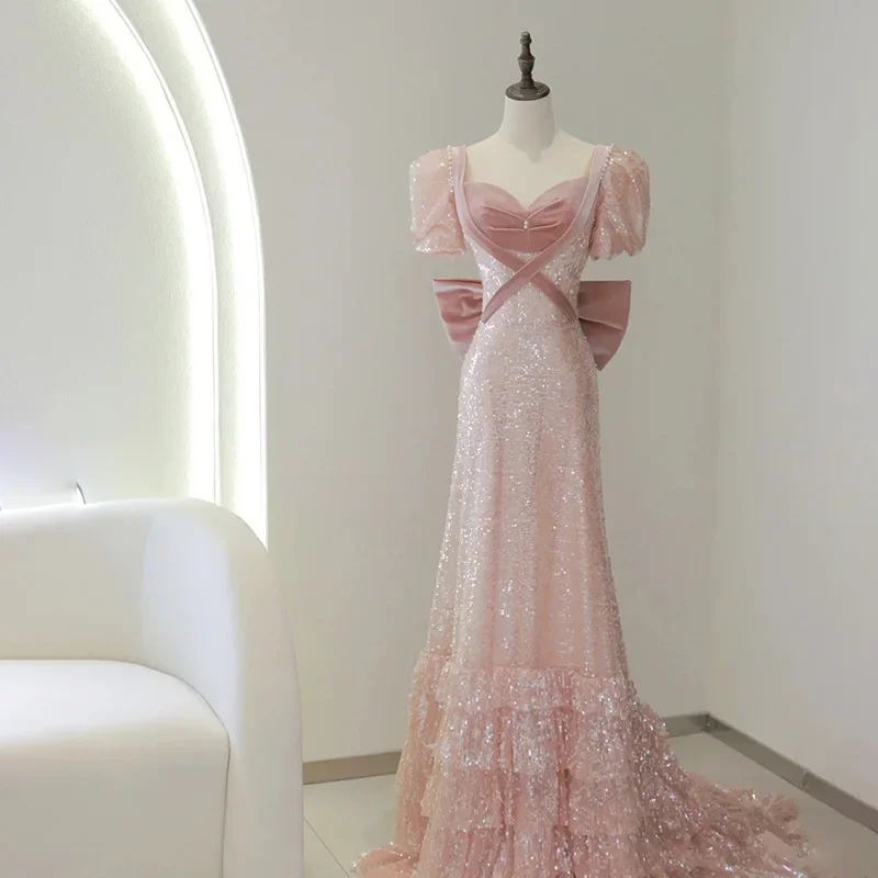 Evening Dress Pink Sequins Square Collar Short Puffy Sleeves Bow Mermaid Ruffles Trail Floor Length Women Party Formal Gowns
Evening Dress Pink Sequins Square Collar Short Puffy Sleeves Bow Mermaid Ruffles Trail Floor Length Women Party Formal Gowns