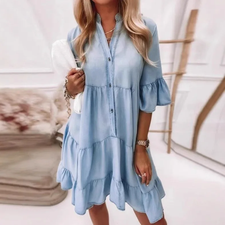 2025 New Cotton Denim Women Dress Solid Color Mid Sleeves A-line Pattern Above Knee Stand Collar Ruffle Shirt Dress Daily Clothe
2025 New Cotton Denim Women Dress Solid Color Mid Sleeves A-line Pattern Above Knee Stand Collar Ruffle Shirt Dress Daily Clothe