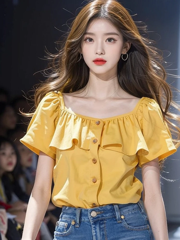 Yellow Lace Trim Short Sleeve Shirt Women's Summer New One Shoulder Thin Blouse Small Size Chiffon Top Korean Style Loose Fit
Yellow Lace Trim Short Sleeve Shirt Women's Summer New One Shoulder Thin Blouse Small Size Chiffon Top Korean Style Loose Fit