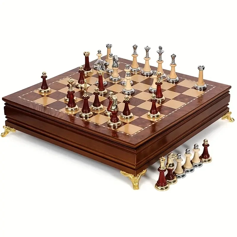 High-end desktop 38cm/15inch wooden chess set with storage drawer, large chessboard 2 additional queen sized metal wooden pieces
High-end desktop 38cm/15inch wooden chess set with storage drawer, large chessboard 2 additional queen sized metal wooden pieces