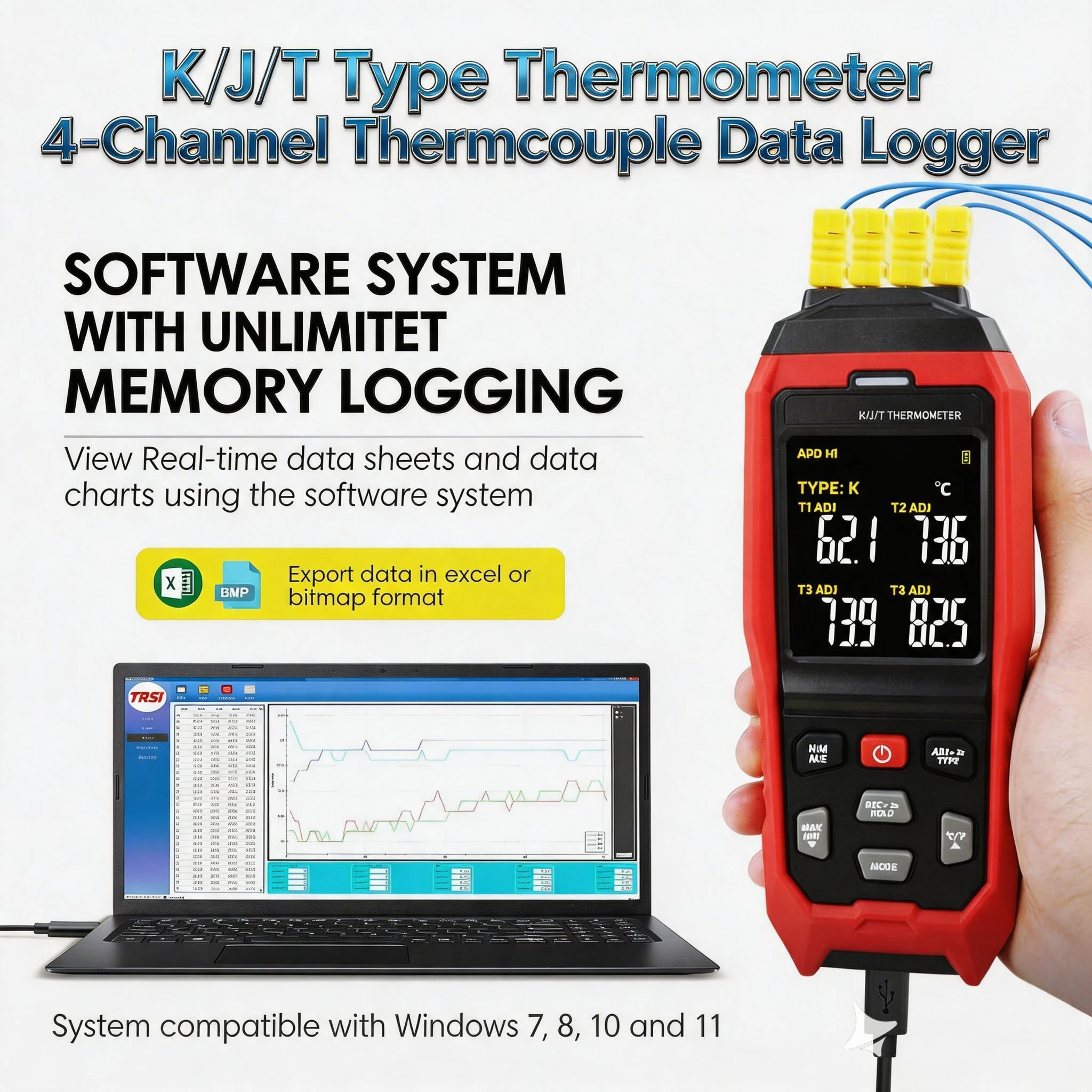 Handheld TA612C 4 Channel K/J Digital Thermocouple Thermometer, Wide Temp Range, Data Logger, Alarm Function, Probe Calibration
Handheld TA612C 4 Channel K/J Digital Thermocouple Thermometer, Wide Temp Range, Data Logger, Alarm Function, Probe Calibration