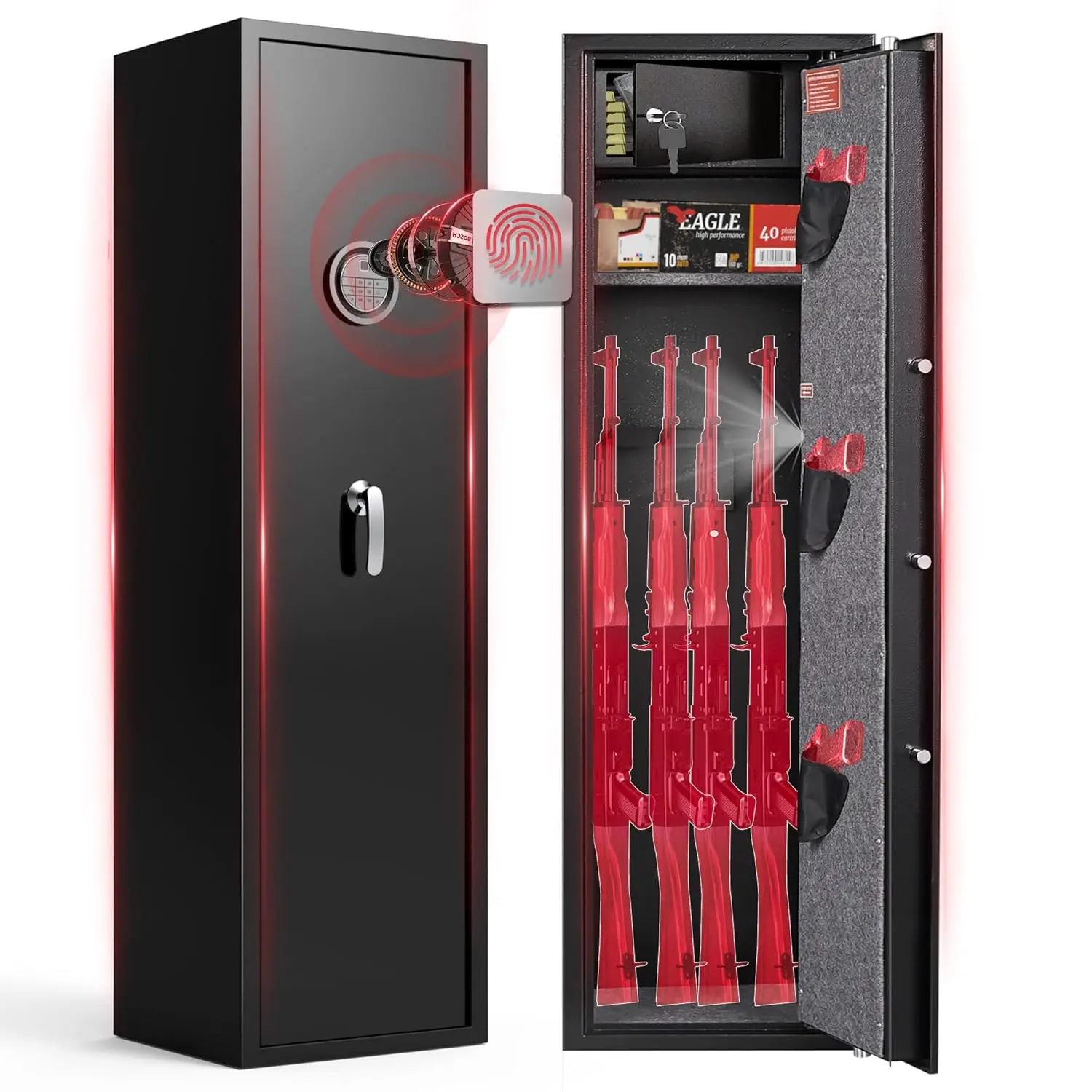 Biometric Fingerprint Gun Safe for Rifles, 6-8 Gun Cabinet with Key Inner Cabinet, Fingerprint & Digital Keypad, Customized
Biometric Fingerprint Gun Safe for Rifles, 6-8 Gun Cabinet with Key Inner Cabinet, Fingerprint & Digital Keypad, Customized