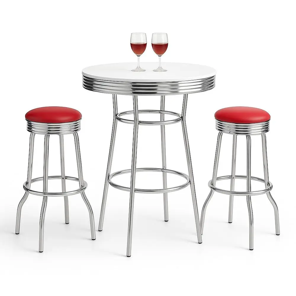 Retro Chrome 3Piece Pub Bar Set, White Round Table with Red Leatherette Swivel Stools, 30 Inch Diameter, 1950s Diner Style
Retro Chrome 3Piece Pub Bar Set, White Round Table with Red Leatherette Swivel Stools, 30 Inch Diameter, 1950s Diner Style