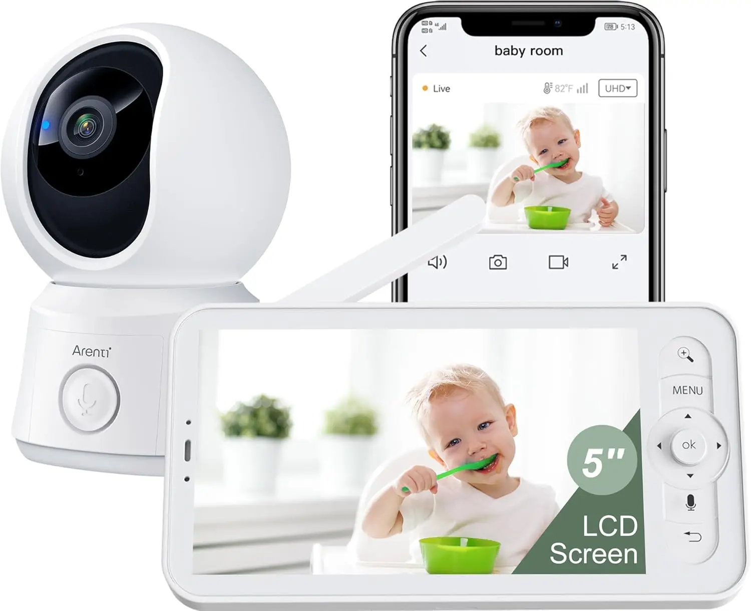 5-дюймовая Wi-Fi видеоняня с приложением для смартфона, отслеживанием движения, ночным видением, двусторонней связью и датчиком температуры
5-дюймовая Wi-Fi видеоняня с приложением для смартфона, отслеживанием движения, ночным видением, двусторонней связью и датчиком температуры
