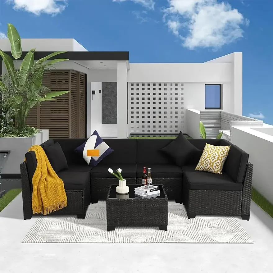 7 Piece Patio Furniture Set, Outdoor Furniture, Rattan Chairs Glass Table Wicker Conversation Seating Sectional Sofa w/ Cushions
7 Piece Patio Furniture Set, Outdoor Furniture, Rattan Chairs Glass Table Wicker Conversation Seating Sectional Sofa w/ Cushions