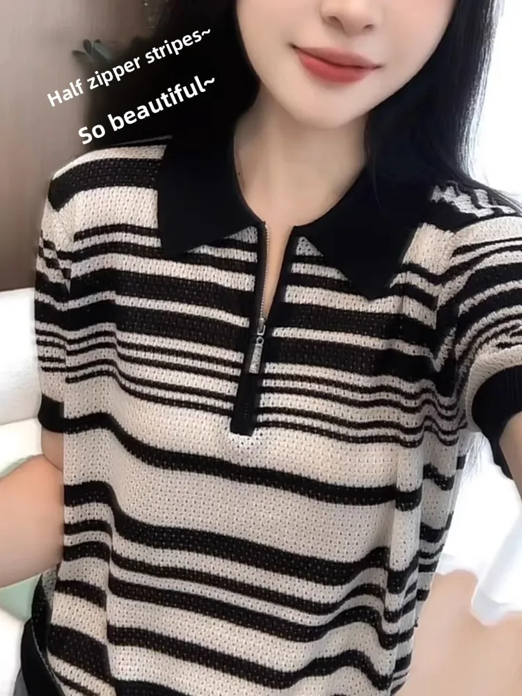 Женская летняя футболка из трикотажа Ice Silk в полоску с цветовыми блоками, свободного кроя, для повседневной носки
Женская летняя футболка из трикотажа Ice Silk в полоску с цветовыми блоками, свободного кроя, для повседневной носки