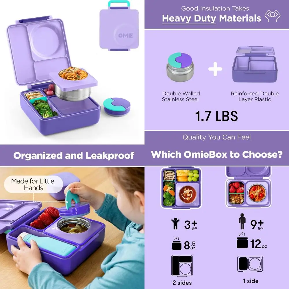Purple Insulated Lunch Box for Kids with Leak-Proof Food Jar and 3 Compartments
Purple Insulated Lunch Box for Kids with Leak-Proof Food Jar and 3 Compartments