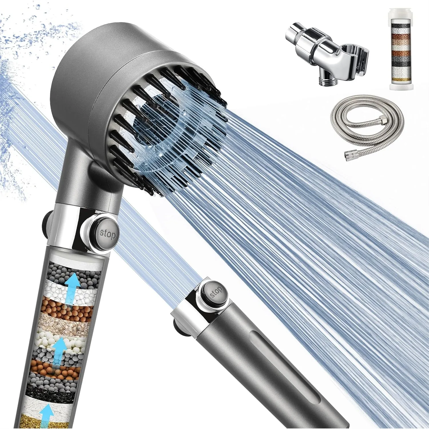 High Pressure Handheld Shower Head with On Off Switch and 2 Filters for Hard Water, Long Hose, Gun Grey
High Pressure Handheld Shower Head with On Off Switch and 2 Filters for Hard Water, Long Hose, Gun Grey