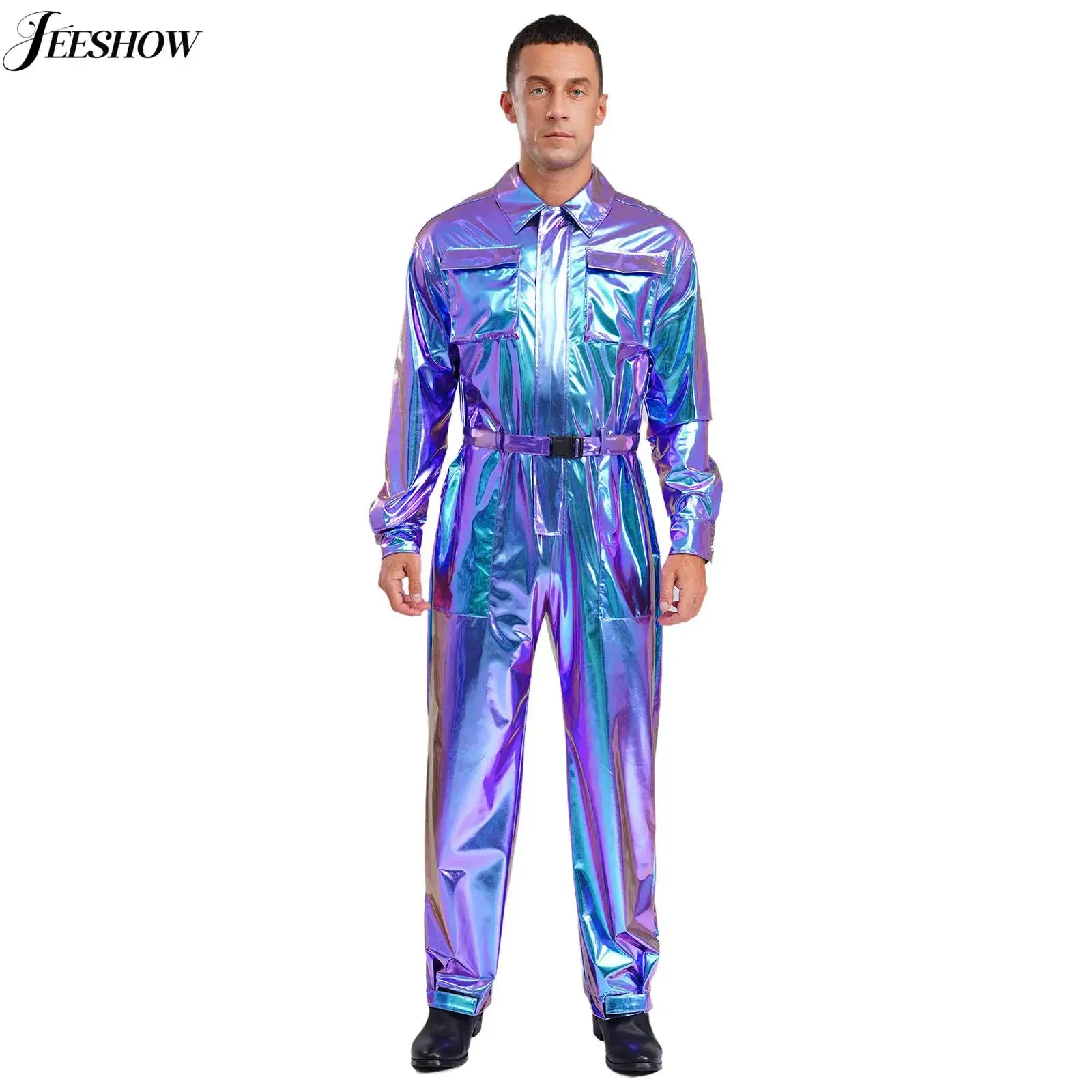 Mens Shiny Metallic Jumpsuit Holographic One Piece Rave Outfits Turn-down Collar Long Sleeves High Waist Coveralls for Halloween
Mens Shiny Metallic Jumpsuit Holographic One Piece Rave Outfits Turn-down Collar Long Sleeves High Waist Coveralls for Halloween