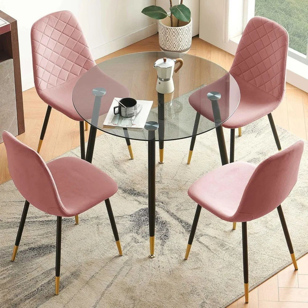 Tempered Glass Round Dining Table and Chair Set for 4 Person, Space Saving Kitchen Breakfast Nook Table Set with 4 pcs Pink Vel
Tempered Glass Round Dining Table and Chair Set for 4 Person, Space Saving Kitchen Breakfast Nook Table Set with 4 pcs Pink Vel