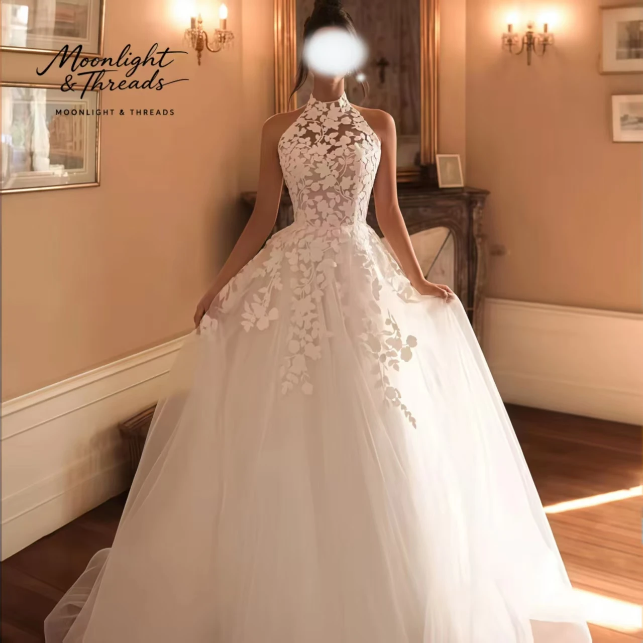 White halter-neck strapless sleeveless floor-length formal wedding gown with a full skirt open back and embroidery
White halter-neck strapless sleeveless floor-length formal wedding gown with a full skirt open back and embroidery